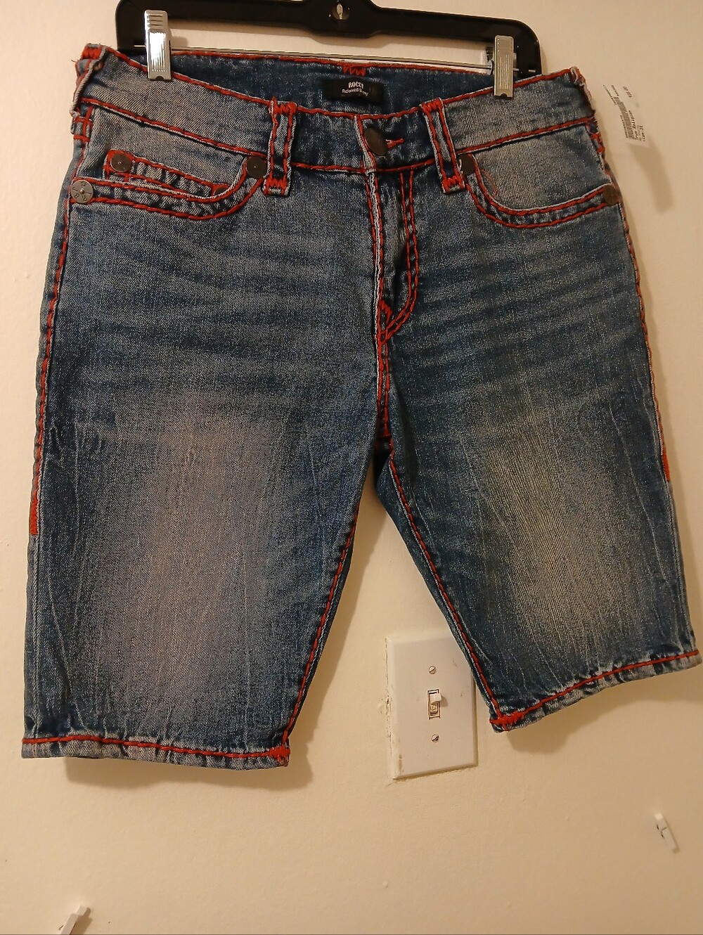True Religion, Mens Denim Shorts with Red Contrast Stitching